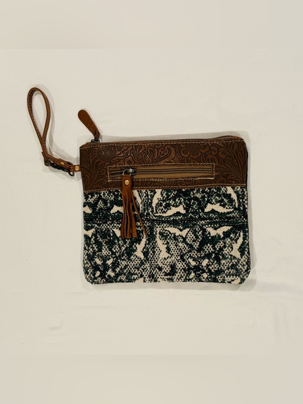 Myra Bag Tooled Leather & Upcycled Canvas Wristlet Zip Pouch